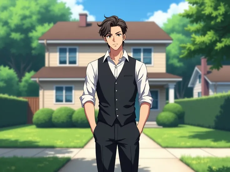 Handsome guy standing in front yard anime standing alone as housekeeper