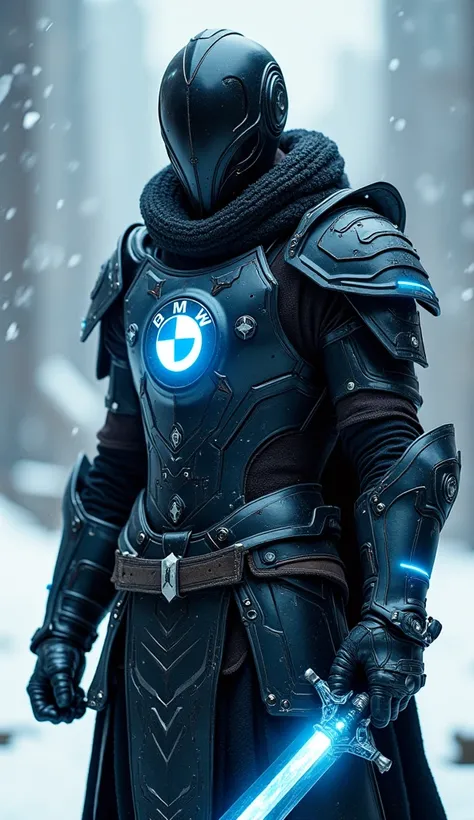 a futuristic warrior adorned in intricate black armor with glowing blue accents. 
Key details:
Armor:
The warriors suit features a blend of medieval and futuristic design elements, resembling a knights armor enhanced with advanced technology.
BMW logo:
The...