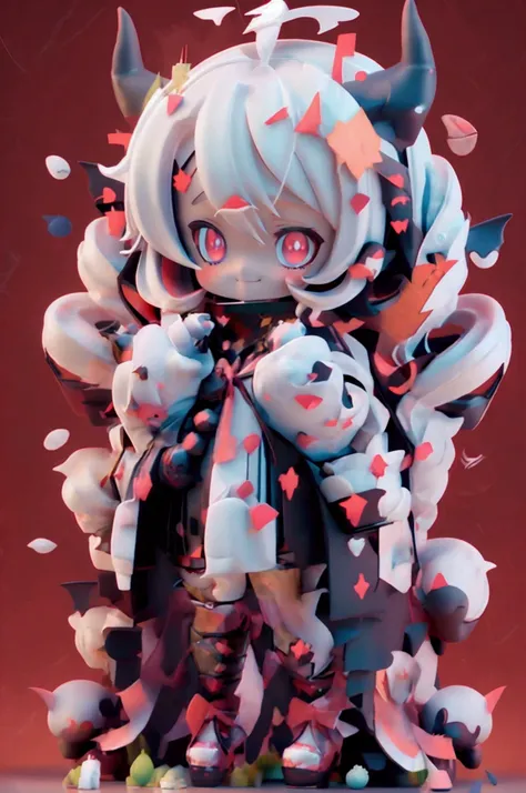 SD Character, The full body of a doll with horns and red eyes , ４Head to Body, Good Smile Company anime style as black and white split hair in the center ,  Nendoroid のようなスタイル,  Good Smile Company Anime Style, Burning, Anime Figures, Anime Figures, Of thos...