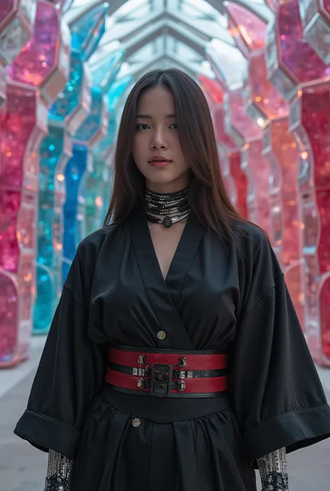 Murano wedding, fiona stephenson, Asian mechanical Queen, A Cyberpunk Ronin, wearing a black Balenciaga kimono, 4K detailed post processing, Crystal Cubism