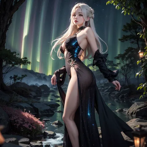 "1 elegant anime girl with flowing white hair, glowing softly in the moonlight. She stands in a breathtaking background: a mystical forest with bioluminescent flowers, sparkling streams, and an aurora lighting up the starry night sky. Her eyes shine with a...