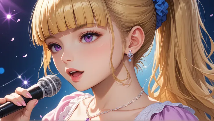 score_9, score_8_up, score_7_up, 1girl, solo, KeiKaruizawa, Kei Karuizawa, bangs, blunt bangs, ponytail hair, long hair, violet eyes, violet color eyes, blonde hair, blue scrunchie, sing, singing, mic, midi or maxi dresses in lightweight materials like chi...