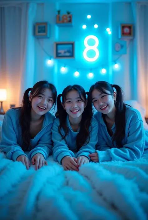 displays an original photo like a model, 3 beautiful Korean woman with ponytail hair, wearing a thick blue shirt, lying on the bed, lying down laughing looking at the camera from far apart, closed 360 camera, feathers flying on the bad cover, Dana applicat...