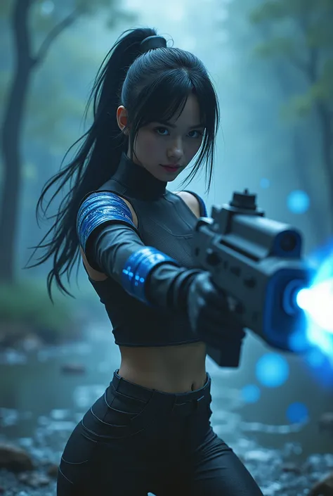  featuring full HD high resolution .full body shot . beautiful woman long hair ponytail .  hyper realistic black hair .wet,  plays evil resident character . colored, blue, white. pose dinamis dan mengeluarkan jurus menembak yang menghasilkan api yang berpu...