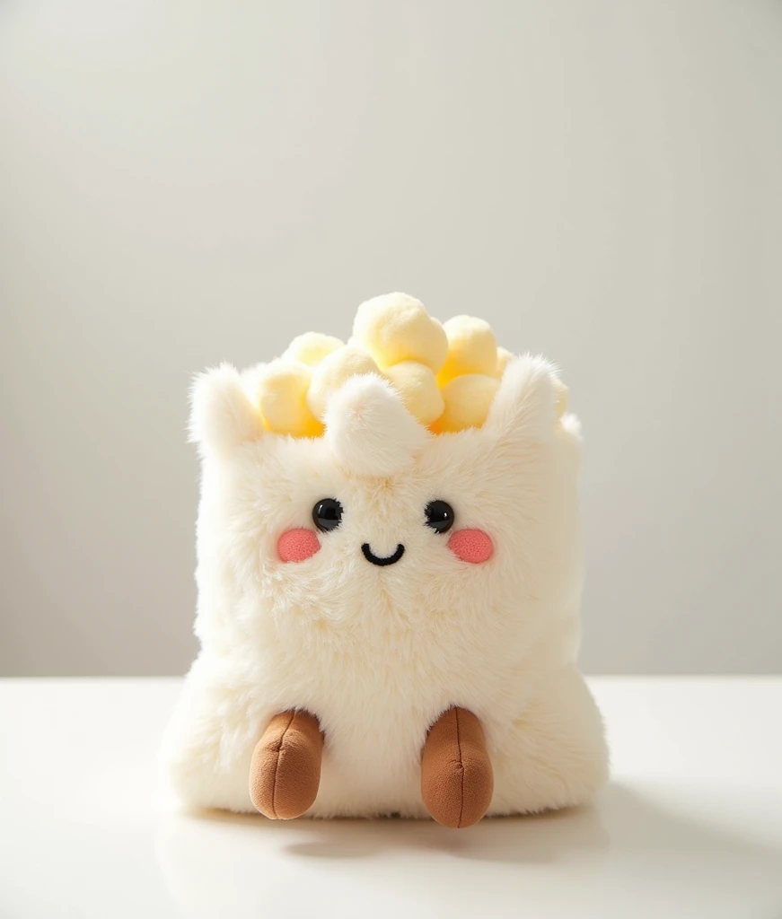 jellycat style plush toy of 桶装爆米花， white background ， Soft and fluffy texture ，There is a smiley face on the bag ， and small, slender brown feet underneath ，Sitting，Product Photography。Slender legs hang down at the table，珊瑚绒质感，hairy，Light contrast color sc...