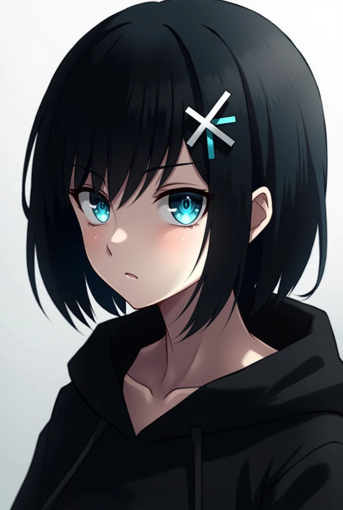 brutal Anime girl, black shorted hair, white cross hair pin at her right bottom bang, wearing black hoodie, her eyes color glowing light blue, cold emotion girl type