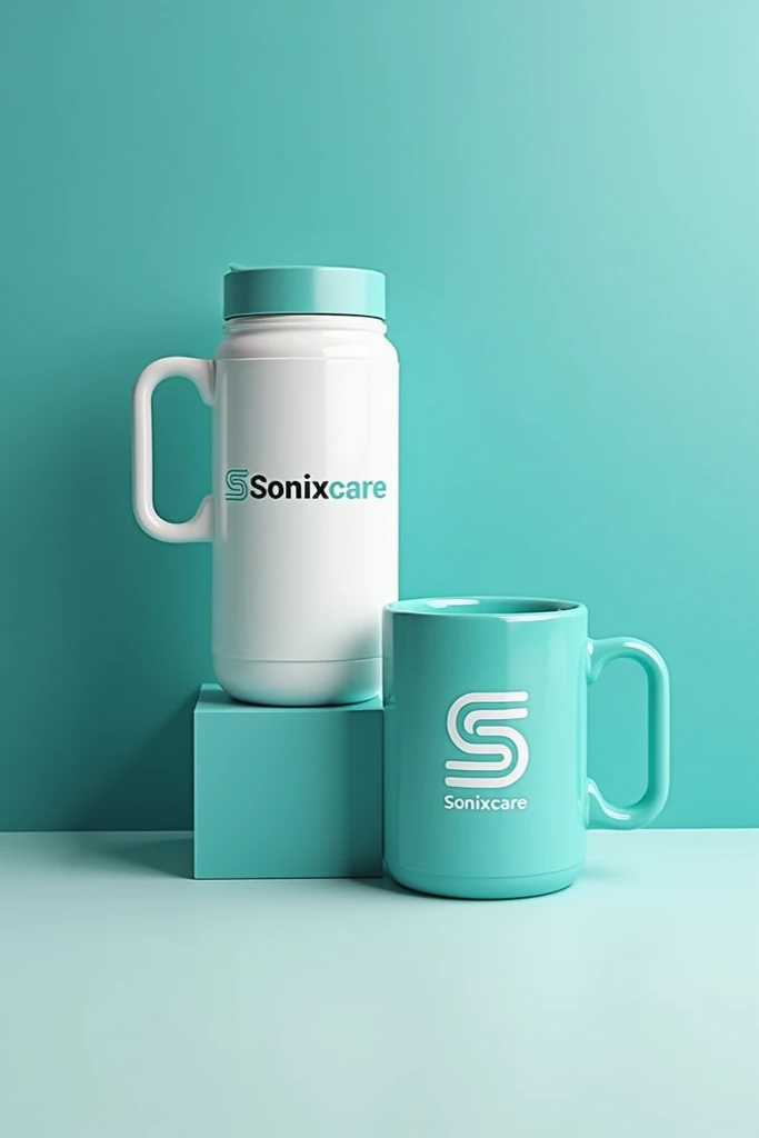 Make mugs and thermos for me with the sonixcare logo in white with the name in Aqua 