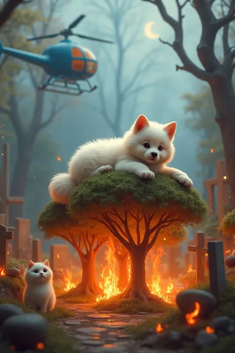 A cute dog is lying on top of small trees These trees are on fire Cute dog is dressed in white color He has fire all around and Eid is a cemetery on his background A blue colored helicopter stands and A one with a single cat wearing a white color saree and...