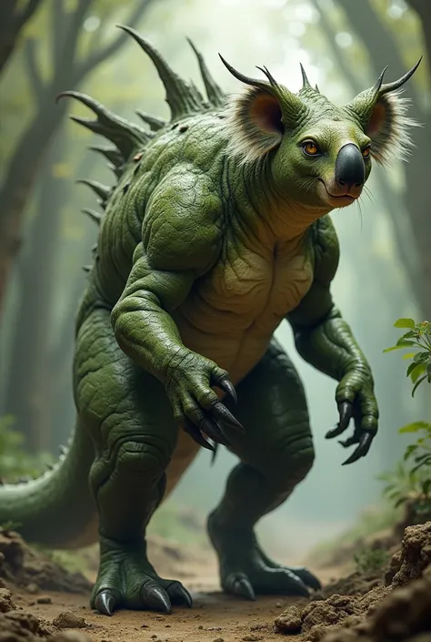 The face is koala, the body is that of a dinosaur, the tail is long like a lion, it has claws like a hawk, it can swim and fly. It is old green like a whole dinosaur. The big ones are terrifying.