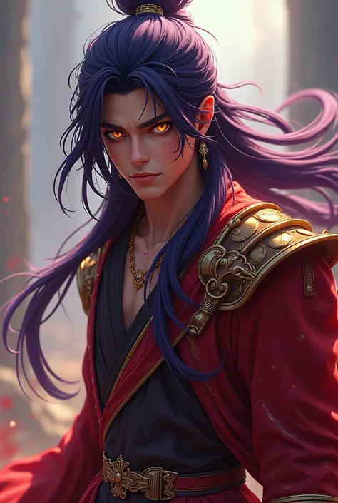 (anime style 3d) a young man in his twenties, really long dark purple hair, golden eyes, lean and fierce, a mix of medieval and southern asian clothing, lot of jewelry, covered in blood