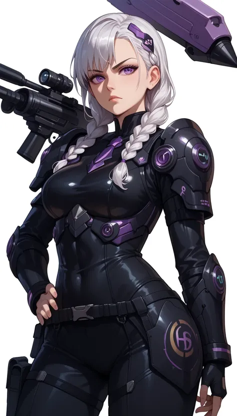 front view, looking at camera, Straight to viewer of A serious anime girl with long, braided white hair and intense violet eyes, dressed in a dark silver and black suit with sharp, angular armor plating. She’s standing with one hand on her hip, her other h...