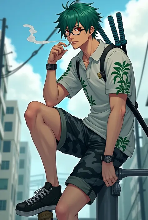 Anime Male , Missy short hair green color ,white polo with green flowers,with two katanas blue handle in the back ,have red eyes, gray small beard in the chin,wearing flipflop, black short gray camo, smoking cigarettes, eye glasses ,sitting top on the elec...