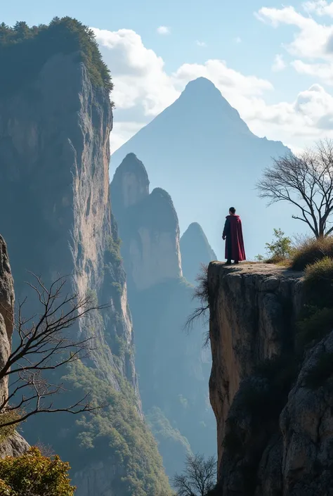 A landscape ， Huangshi Mountain cliff ， and the plants next to it are broken and withered， looks like it was destroyed by war , a knight standing on top of a cliff，Looking at a mountain in the distance 