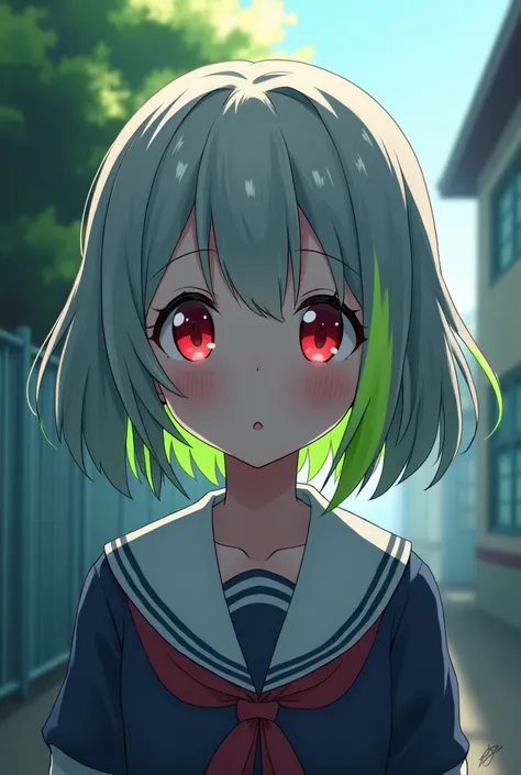  charming anime-style junior high school student with short gray hair 　White Hair　 short bob　Red eyes　Small eyes　uniform　Only part of the forelock is fluorescent green part of the bangs is fluorescent green behind the gym after school　Confessed to　Love Let...