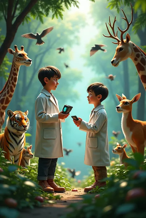 (photorealism:1.2), animal and scientists, boys scientists wearing lab clothes, one scientists with size ,one thin and one smart scientists , animal sounds recorder, communication decoding instruments of animal, tiger , Lion,girap, deer, birds are present ...