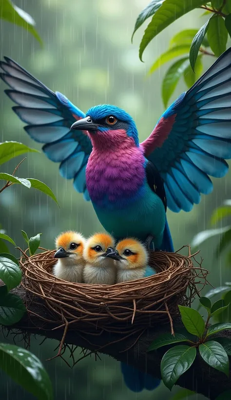 "Generate a hyper-realistic image of a Lilac-breasted Roller bird with vibrant blue, turquoise, and purple plumage standing on a nest with three chicks. The adult bird has its wings spread wide, creating a protective canopy over the nestlings. The nest, ma...