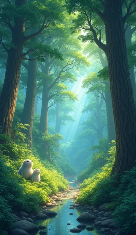 Viral anime nature wallpaper in 4K quality, in the style of digital illustration
inspired by Hayao Miyazaki, featuring a serene forest with towering ancient trees, dappled
sunlight filtering through the leaves, a gentle stream flowing through the scene, ...