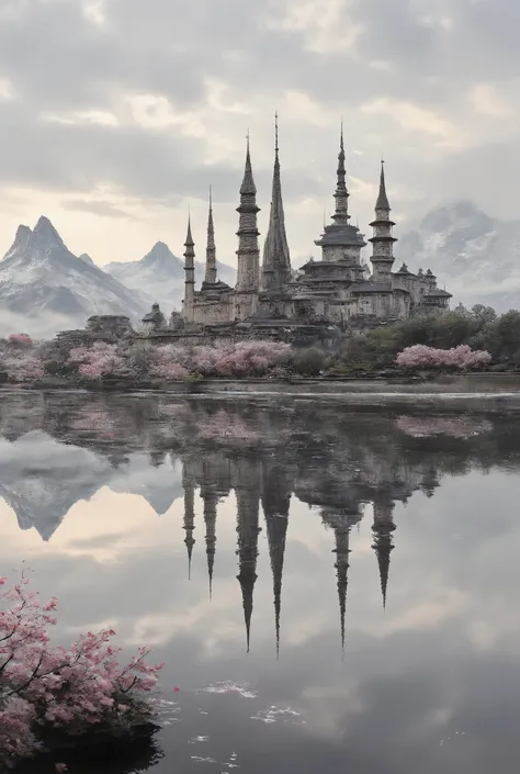 a water reflection scenic picture of a medieval town with a castle, temple, towers, sitting on the bank of a lake, behind it there isa snowy mountain, along the bank there are blossoming cherry trees, it is dawn and the sun is rising