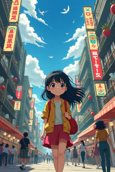  Shibuya Street. Ghibli style . Black Haired Girl . party