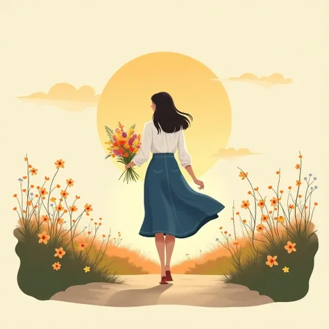 Minimalist illustration of a character in a white blouse and blue denim skirt, holding a bouquet of wildflowers, strolling along a sunlit path. The background features a warm orange sky with the fading glow of the sun. Elegant lines and a muted color palet...