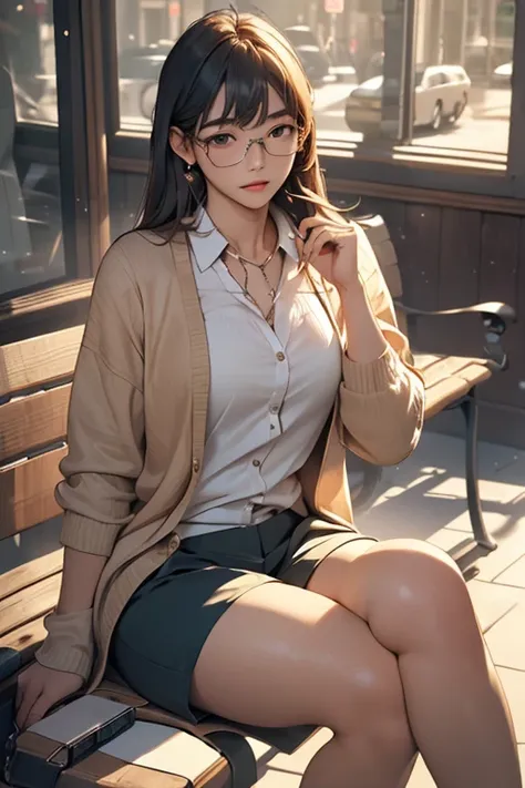 (( best quality)), ((傑 best quality、masterpiece、High sensitivity、 high definition 、 Details、 Delicate Facial Description)), Slender woman、Glasses、 cardigan、 hotpants、 sitting on the bench、