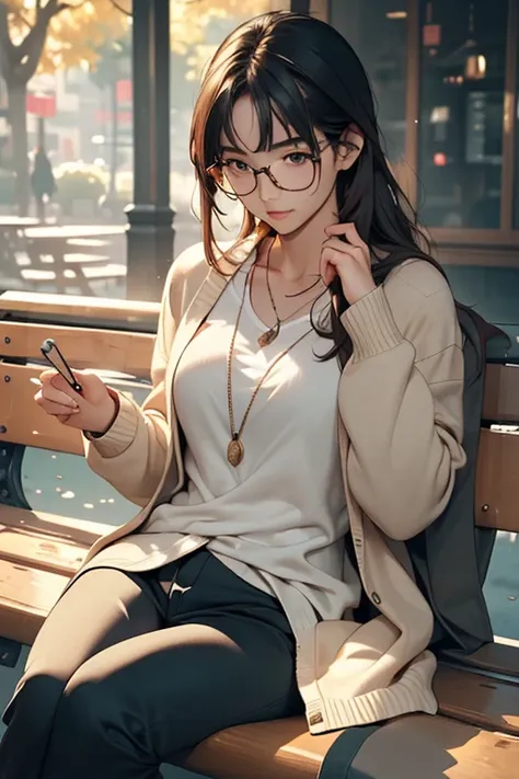 (( best quality)), ((傑 best quality、masterpiece、High sensitivity、 high definition 、 Details、 Delicate Facial Description)), Slender woman、Glasses、 cardigan、 hotpants、 sitting on the bench、