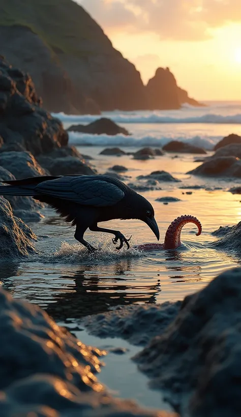 "On a rocky beach at dusk, a cunning raven hops along the tidepools, eyeing an octopus that emerges from the shallow water, its tentacles coiling with precision."