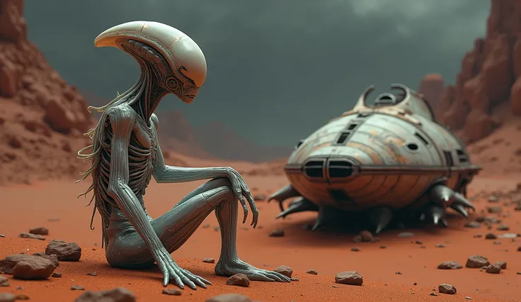 hyper realistic alien sitting on the ground next to a broken spaceship in desert , deserted planet, ilm of an epic sci-fi,