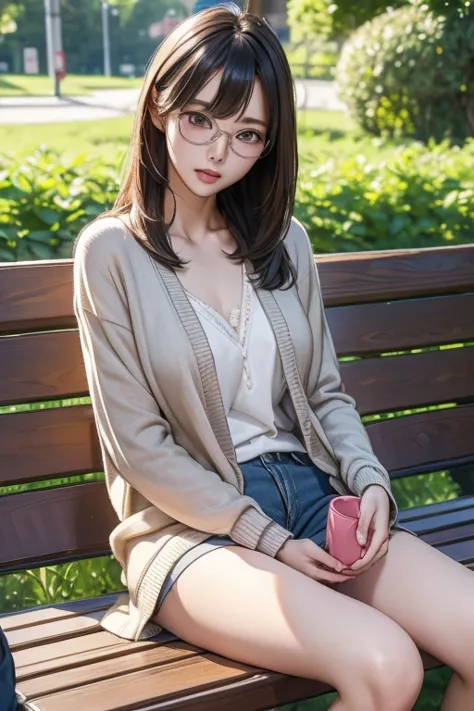 (( best quality)), ((傑 best quality、masterpiece、High sensitivity、 high definition 、 Details、 Delicate Facial Description)), Slender woman、Glasses、 cardigan、 hotpants、 sitting on the bench、