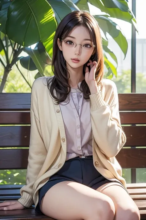 (( best quality)), ((傑 best quality、masterpiece、High sensitivity、 high definition 、 Details、 Delicate Facial Description)), Slender woman、Glasses、 cardigan、 hotpants、 sitting on the bench、