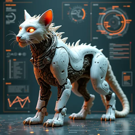 Ultimate evolution hybrid cyber animal, in infographic data, unusual of dragon hunting lion , beautiful cat long scale creature, intricate proprtional fusion body parts, realistic