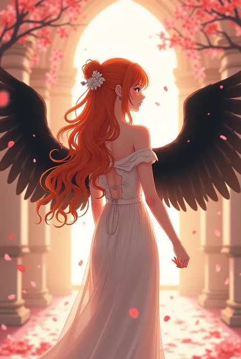 A woman she has orange long hair , She has feathered wings a black and a white wing on her back.  she wears an off-the-shoulder silk wedding dress . in a chapel with cherry blossoms down riesel . #Anime Style