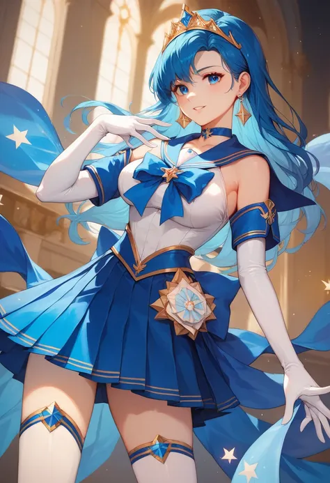  masterpiece, (( best quality)), ((masterpiece)), ( Details), (masterpiece), best quality, (beautiful hands),  aamercury, long hair, blue hair, tiara, earrings, blue eyes, blue choker, blue sailor collar, blue bowtie, white shirt, elbow gloves, white glove...