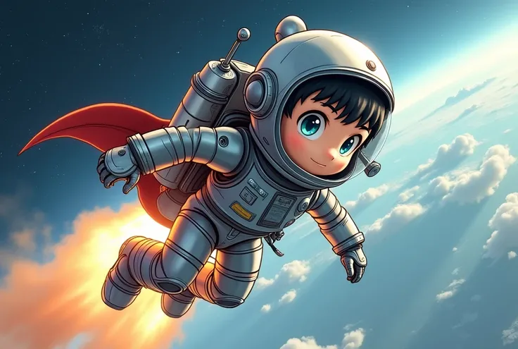 A young male character personifying a space rocket, depicted in a highly detailed digital color manga style. The character wears a sleek, metallic spacesuit resembling the design of a rocket, made of reflective metal armor. His helmet is equipped with a vi...