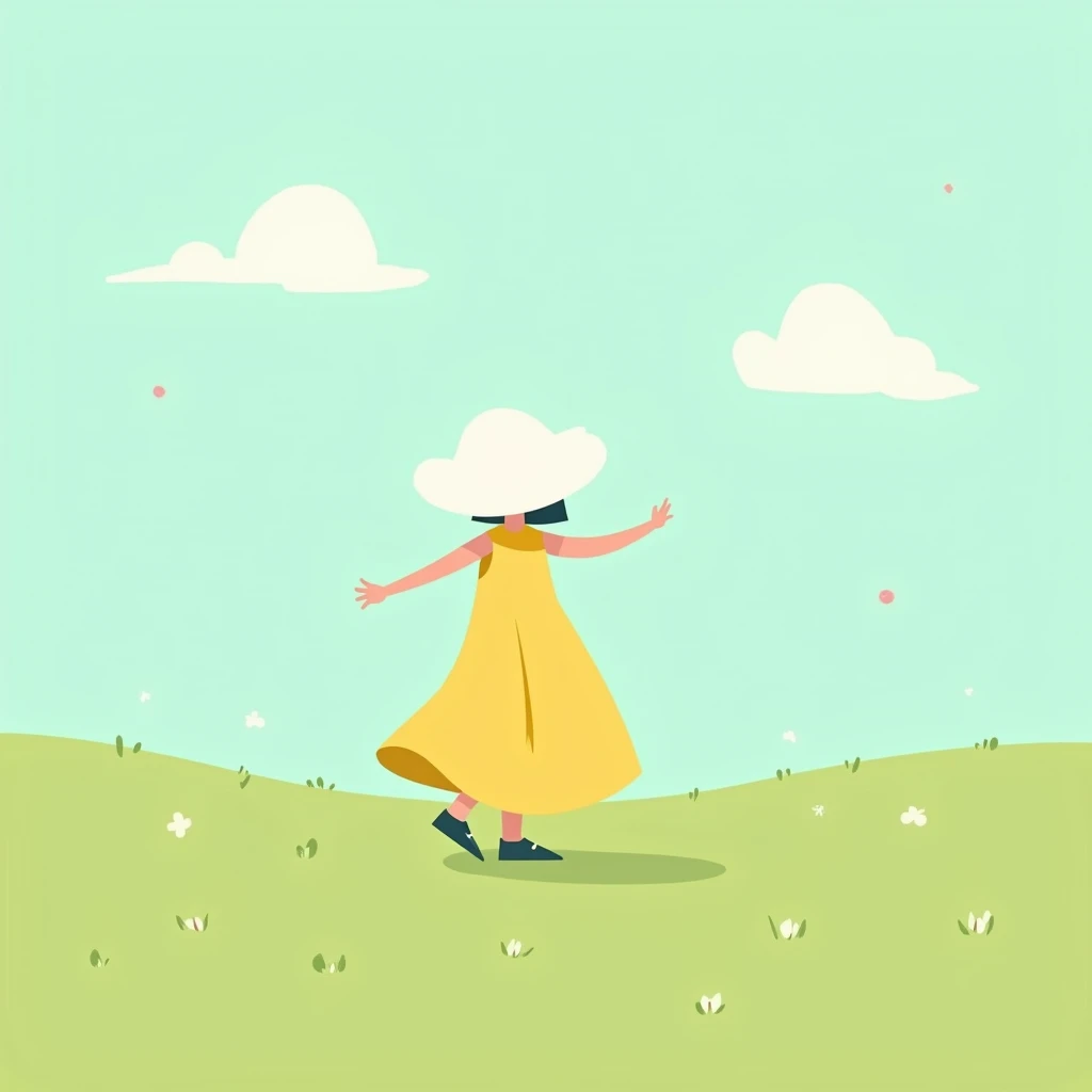 Minimalist illustration of a person in a loose yellow dress and a sun hat shaped like a cloud, dancing in a lush, open field. The background features a light teal sky with wispy clouds. Playful and soft shapes contribute to a carefree, joyful atmosphere.