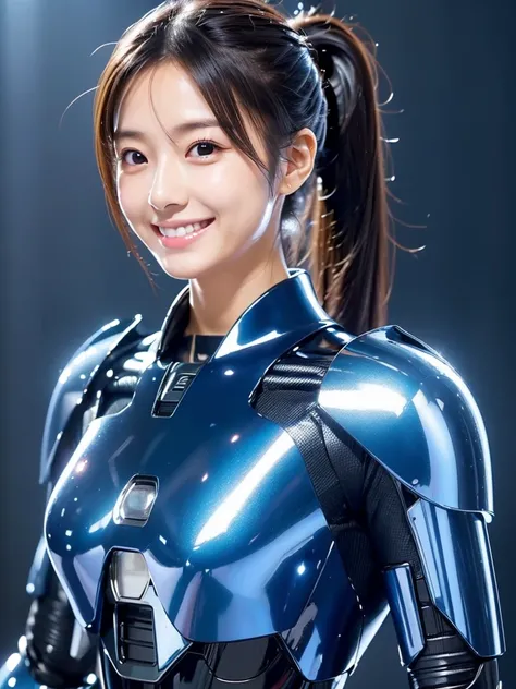 one Japanese female android, cute face, thin and tall, smile, black long hair, ponytail, shiny blue robot suit, shiny blue mechanical part, shiny blue cyborg joint, upper body, plain background