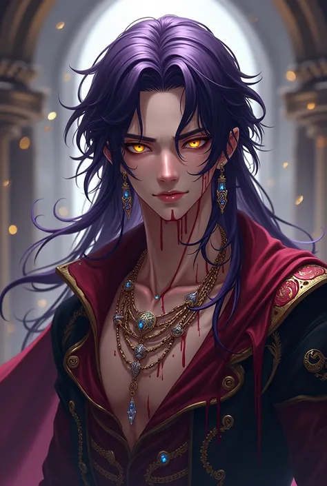 (anime style 3d) a young man in his twenties, really long dark purple hair, hair down, golden eyes, fierce yet androgynous, a medieval fantasy clothing,  lot of jewelry, blood pouring on him