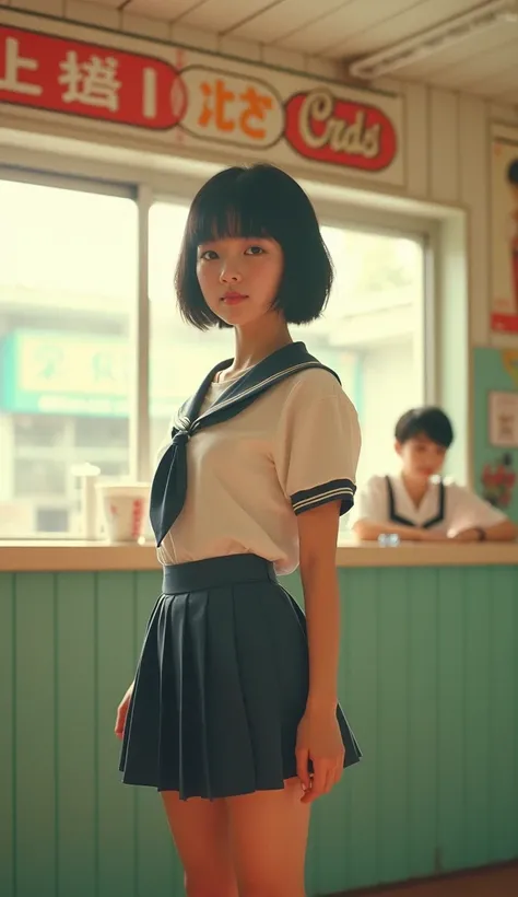 (real_1girls shot:1.3),(JAPANESE_pretty_12yo:1.5),(short_hair:1.3),Portrait MagMix Girl looking at the camera,A retro ice cream shop with pastel-colored walls, Classic Soda Fountain Counter, Vintage ice cream poster, bathed in warm sunlight, Analog Film Ph...