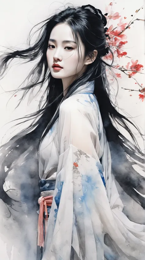 Illustration style, award winning art, Traditional Chinese painting style, Ink wash painting style, Flowing brushstrokes, by Agnes Cecile, Rich in layers, Classical Chinese maiden painting, The perfect fusion of modern art and traditional Chinese painting,...