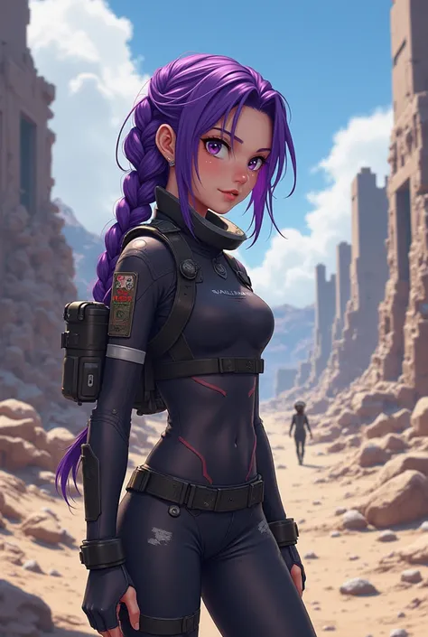 In the last days of wasteland, a wasteland anime-style girl，purple twist braid ，biologists，Perseverance，clever， compassionate 