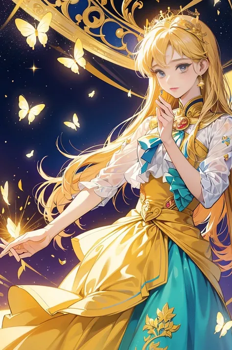  Minako Aino from Sailor Venus manga art style Naoko Takeuchi, long straight blonde hair , pale blue eyes, Between sparkling butterflies and glitter . Butterfly motif、orange and yellow tone vibrant colors  、((​masterpiece)))、((( Top quality )))、(( ultra de...