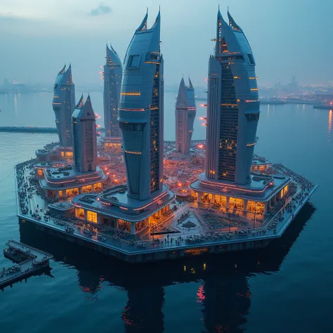 Maritime City, float on the surface of the water, Octagon, Buildings, Neon reflection on water, super detail, high details, high quality, highres