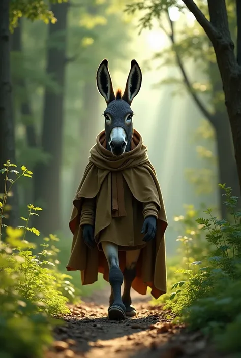 The disguised donkey walking confidently among the trees in the forest with a fake air of authority.