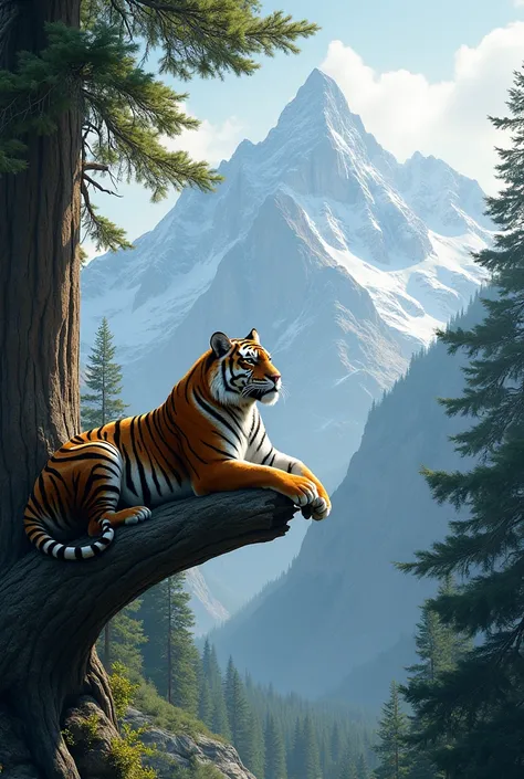 tiger sit on branch of tree  and mountain alpine trees