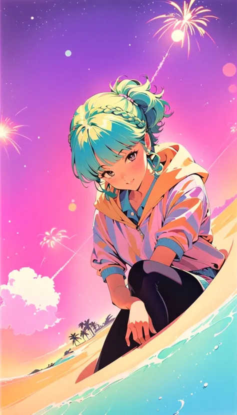 ( best quality:1.2,  Very detailed, Latest,  lively,  high contrast on a beautiful sandy beach, masterpiece:1.2,  best quality,  best aesthetics),  girl, (( Frontal knee to top composition :1.4)),  colorful hair,Short bob ponytail with braids ,  Pastel Col...