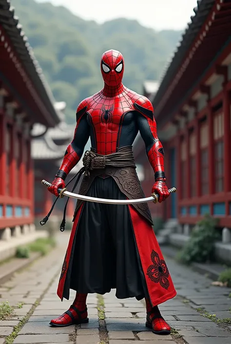 make a sipderman japan version with the background of japanese palace the costume must be red and black   put 2 swords 