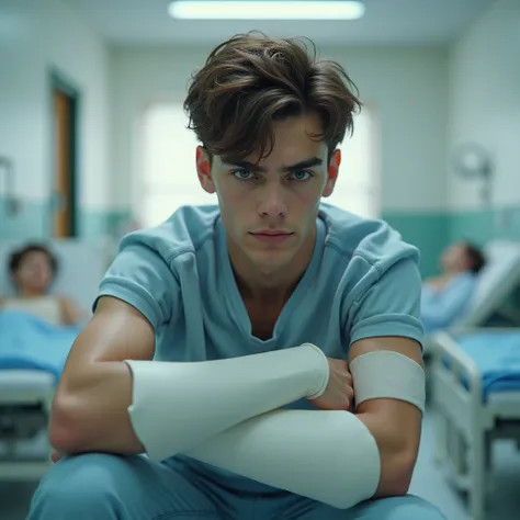 Close-up shot of a person with gypsum on his arm in a hospital room ， close-up of a person with gypsum on his arm,  brown hair ，Game CG, injured patients inside the hospital,  hospital background，Hospital Beds ，Official art work ,frown