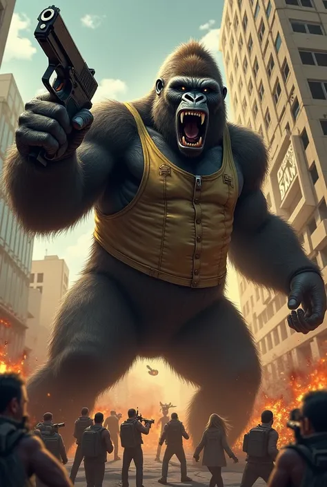 A gorilla in a tank top attacks a bank with his pistol