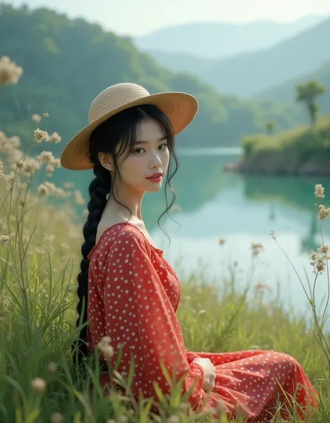 A beautiful Asian woman is sitting among the weeds in a large meadow on the edge of a lake. The woman had black hair in a neat braid, wore a round hat, wore a red casual dress with a polka dot motif. Tall weeds covered part of his body. The background incl...