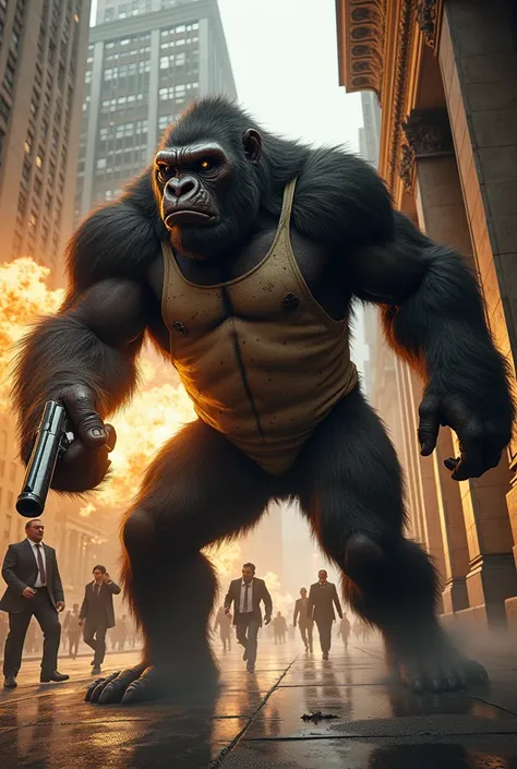 A gorilla man in a tank top attacks a bank with his pistol